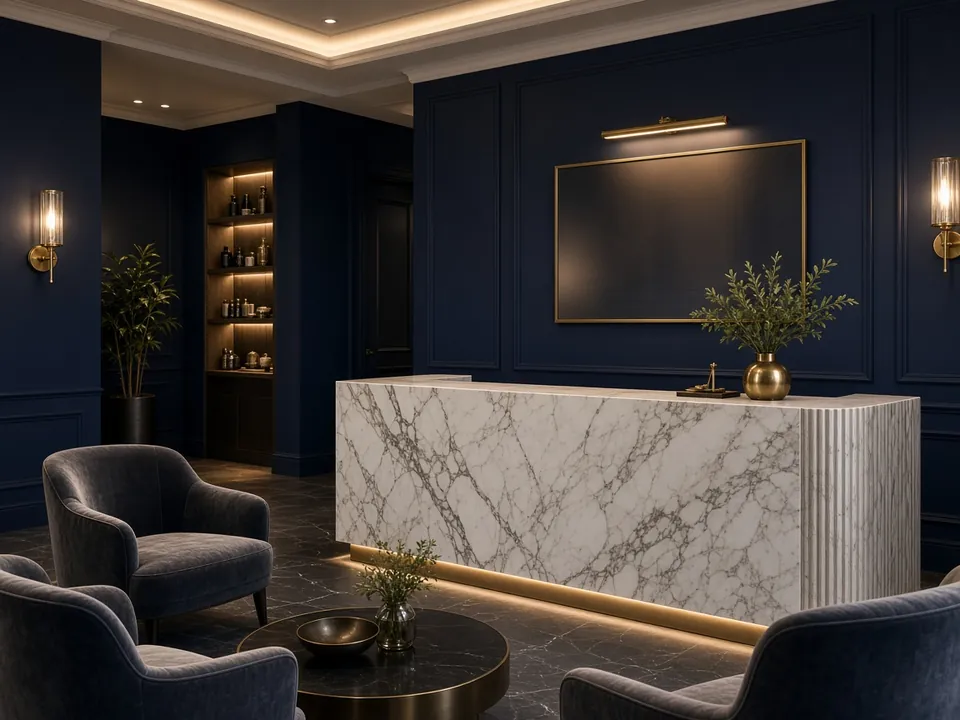 Luxury clinic lobby in navy and marble